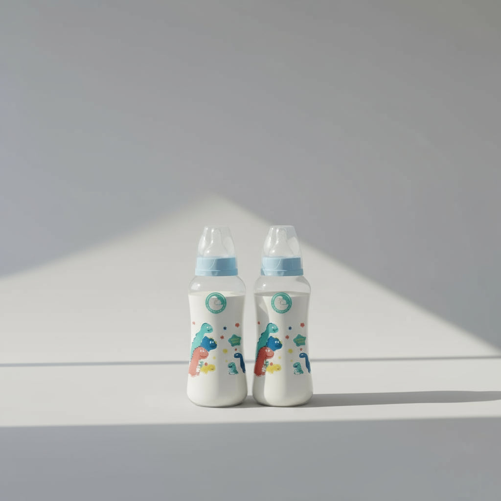 Two baby bottles with dinosaur designs on a white background