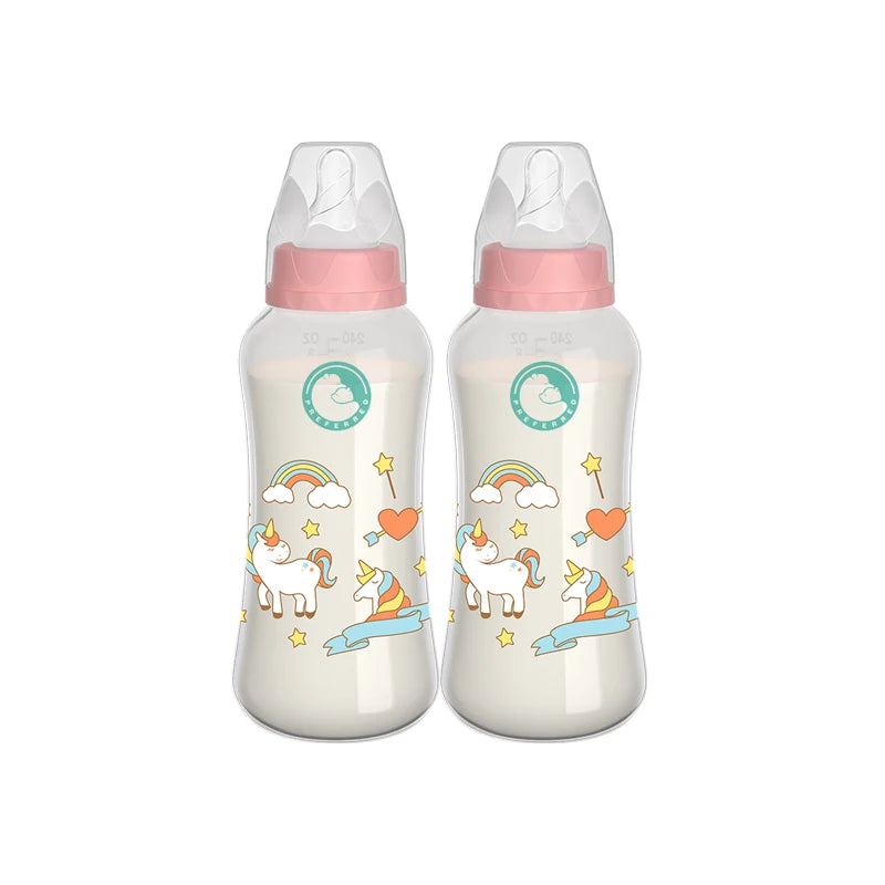 Two baby bottles with unicorn designs on a white background