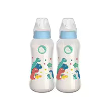 Two baby bottles with colorful bear designs on a white background
